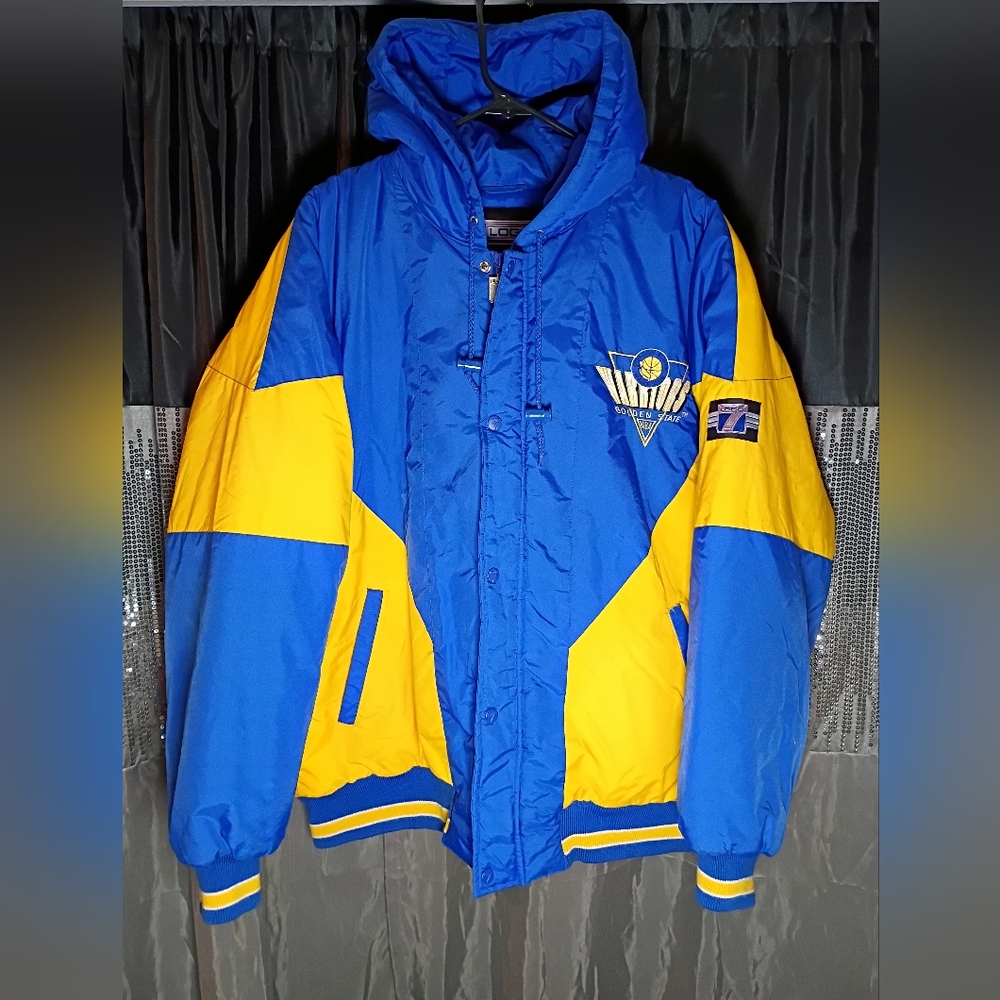 Vintage 90's Logo 7 Golden State Warriors Puffer Jacket With Hood (Rare)